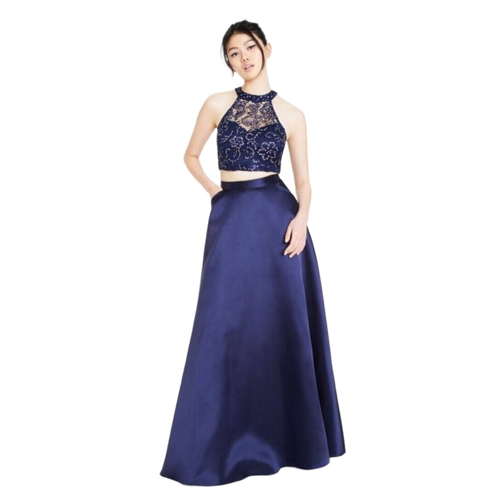 SAY YES TO THE PROM Womens Lace Sleeveless Halter Full-Length Formal Dress sz 0